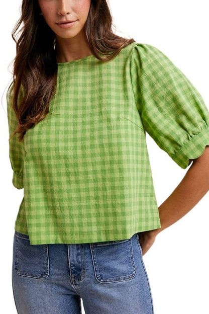 Gingham Check Scalloped Puff Sleeve