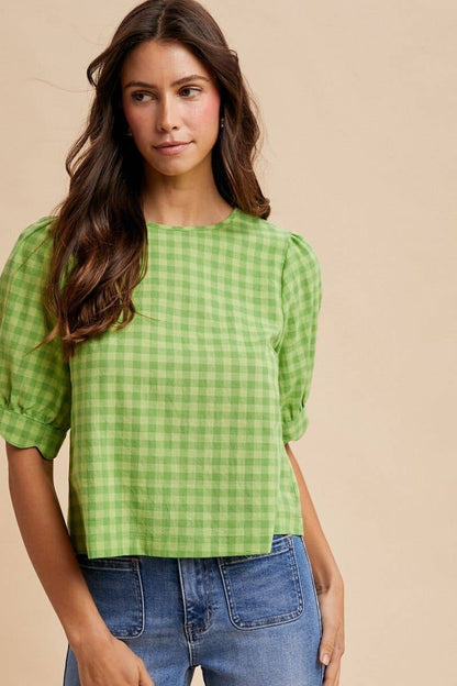 Gingham Check Scalloped Puff Sleeve