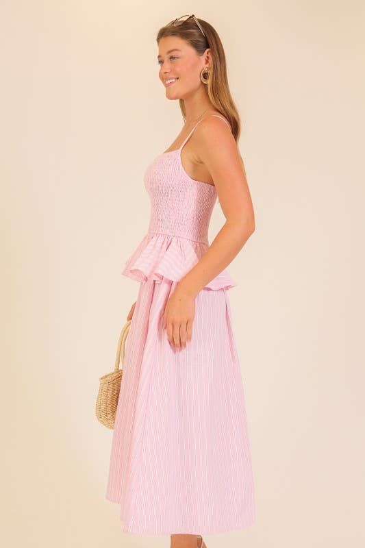 Striped Smocked Peplum Midi Dress