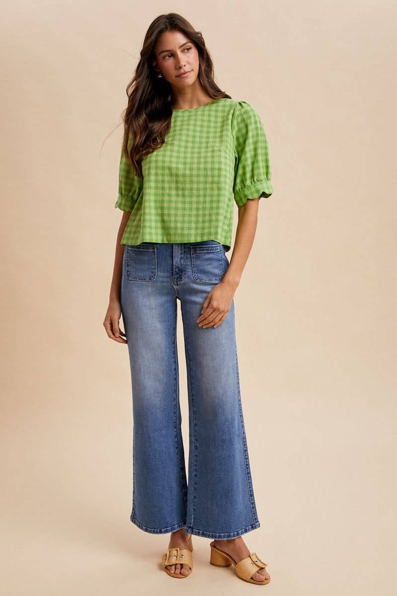 Gingham Check Scalloped Puff Sleeve