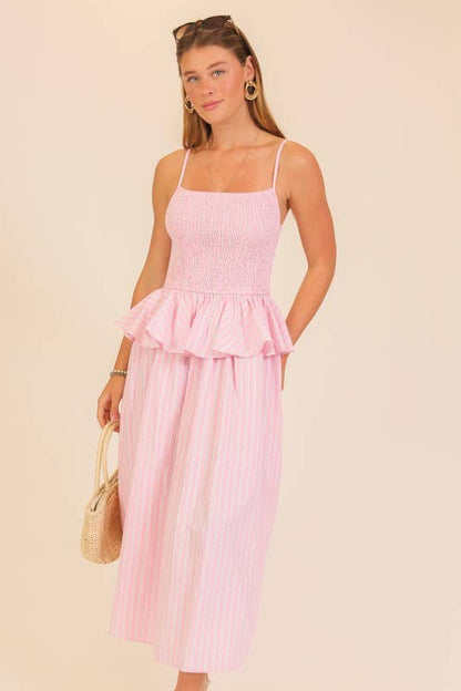 Striped Smocked Peplum Midi Dress