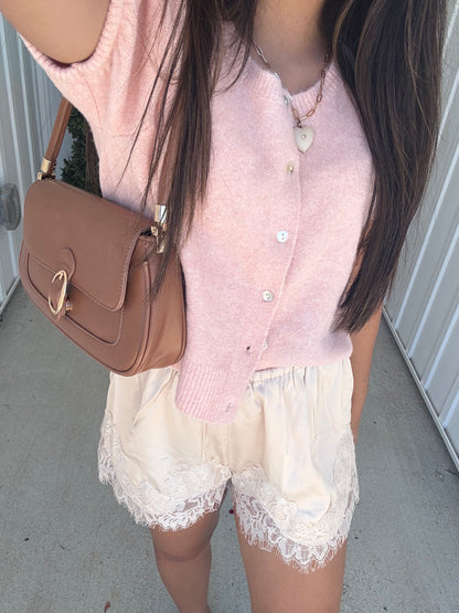 champagne satin pointelle shorts