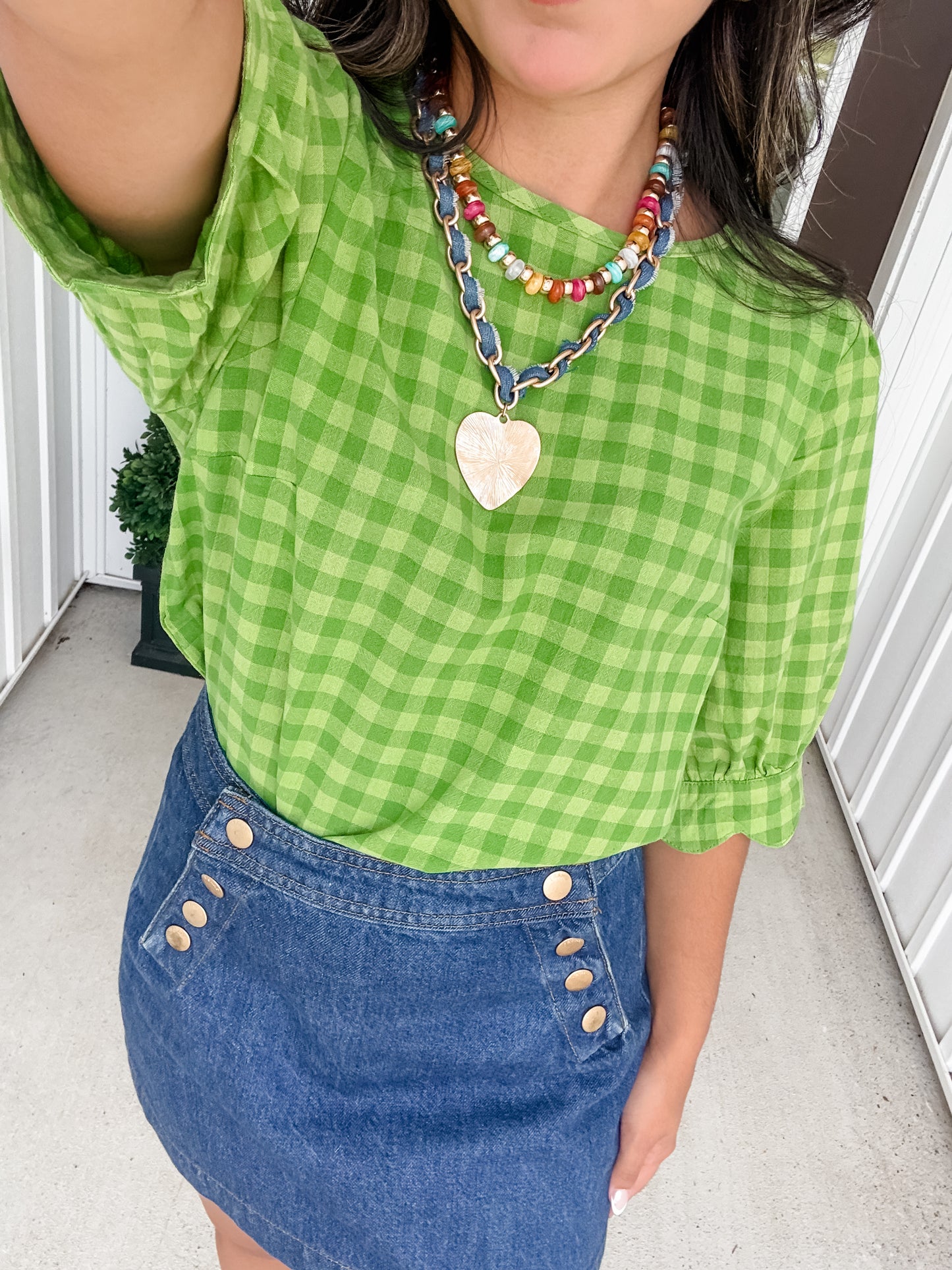 Gingham Check Scalloped Puff Sleeve