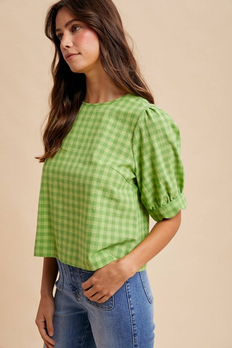 Gingham Check Scalloped Puff Sleeve