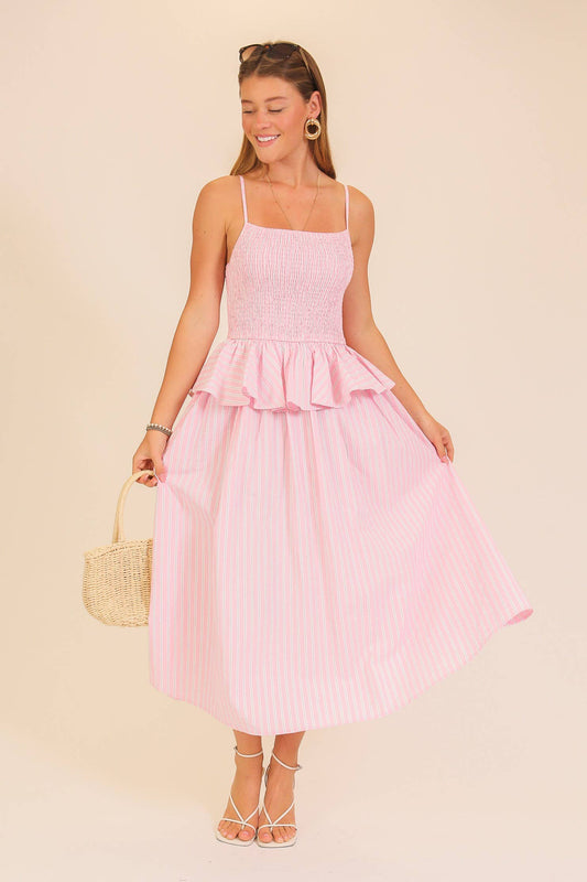Striped Smocked Peplum Midi Dress