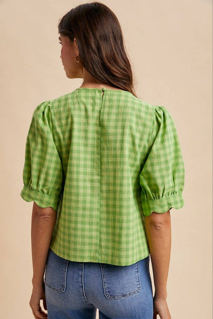 Gingham Check Scalloped Puff Sleeve